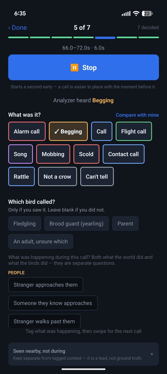 One detected call under review: the analyzer's guess of begging shown above a grid of call types, with begging confirmed, and a row of caller roles below