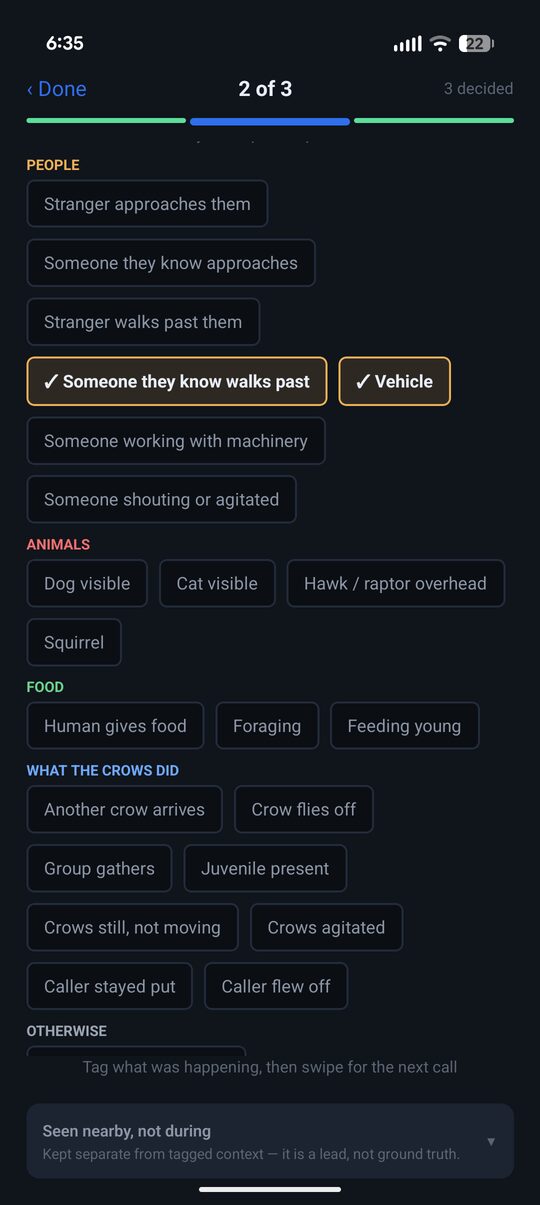 The context picker for a single call, with chips grouped under people, animals, food and what the crows did; two are selected