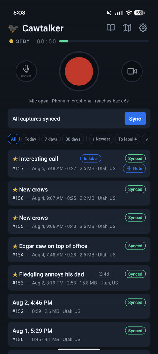 The CrowGPT app's capture list, showing starred recordings with dates, durations and a coarse location
