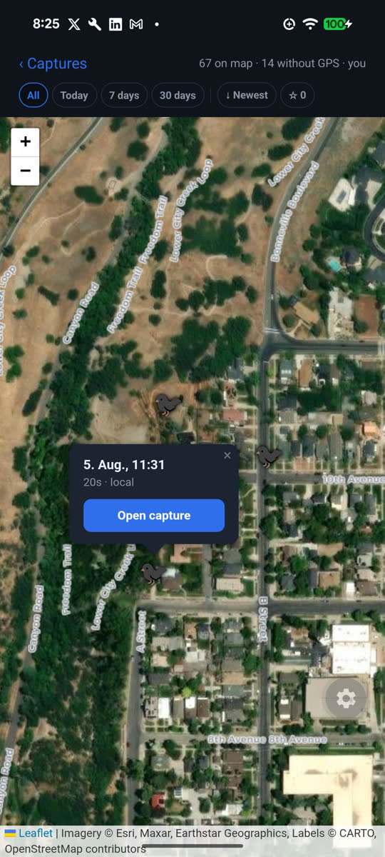 The app's map view with crow markers scattered across a Salt Lake City neighborhood